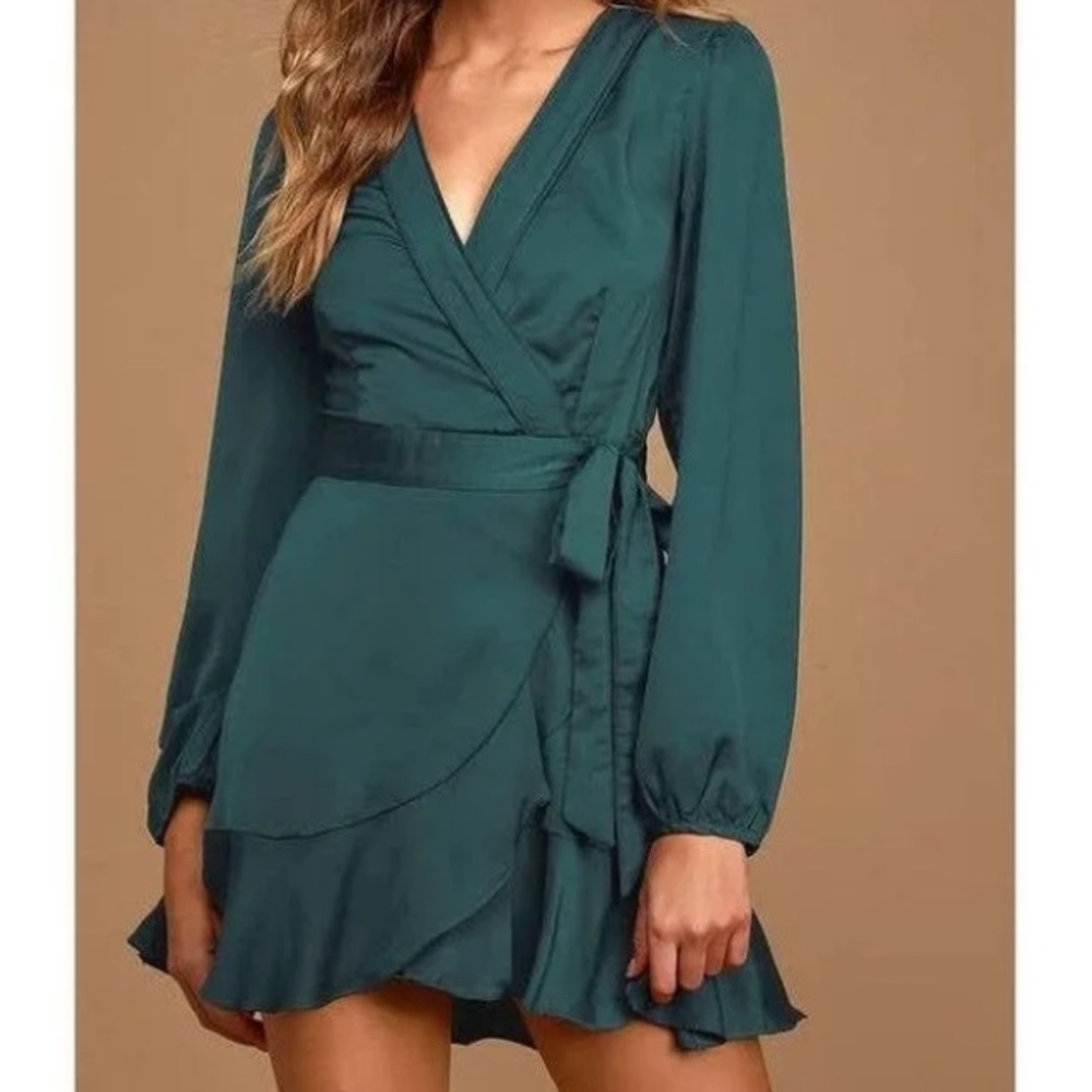 Lulus - Satin Emerald Green, long sleeve wrap dress